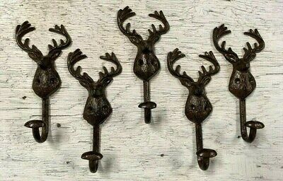 SET of 5 DEER HOOKS rustic bronze brown cast iron heavy duty hooks for lodge elk