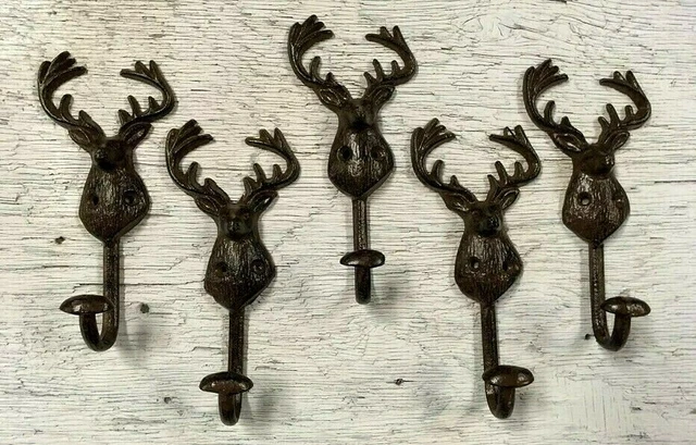 4 Rustic Elk Deer Moose Head Hooks Cast Iron Coat Hook Rack Restoration Hat