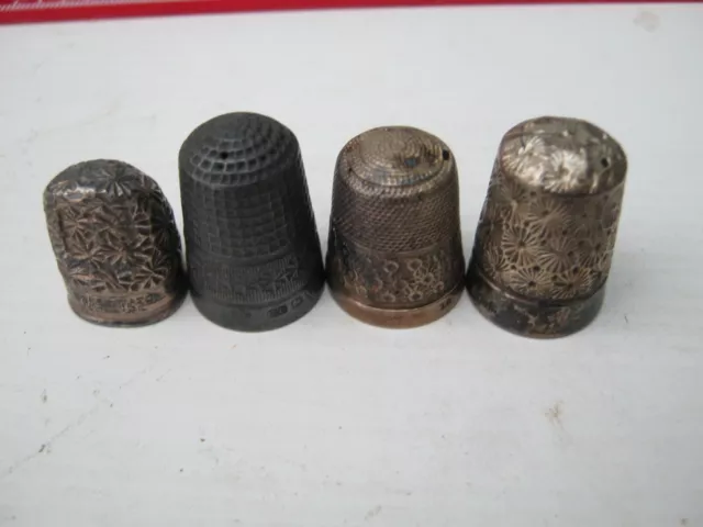 Antique Lot Of 4 Silver Thimbles Including 1 Rare Shaped Example