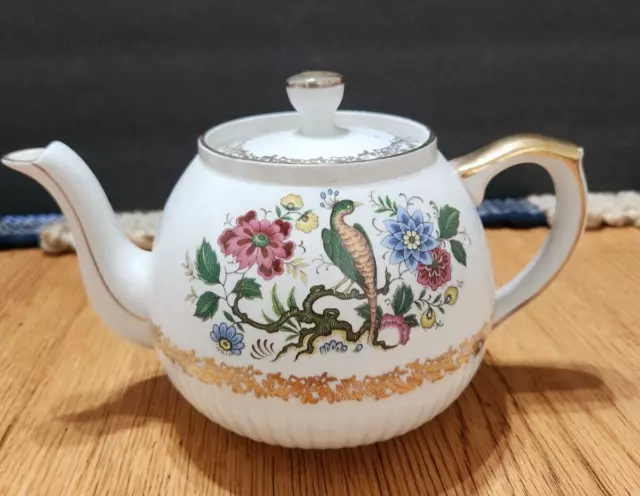 Vintage Ellgreave Wood & Sons Ironstone England PEACOCK & Floral Teapot 