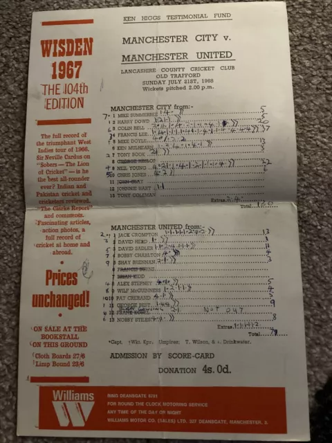 Manchester City V Manchester United Cricket Scorecard Ken Higgs Testimonial 1968