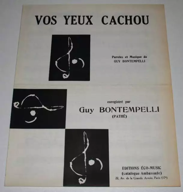 Partition vintage sheet music GUY BONTEMPELLI : Vos Yeux Cachou * 60's