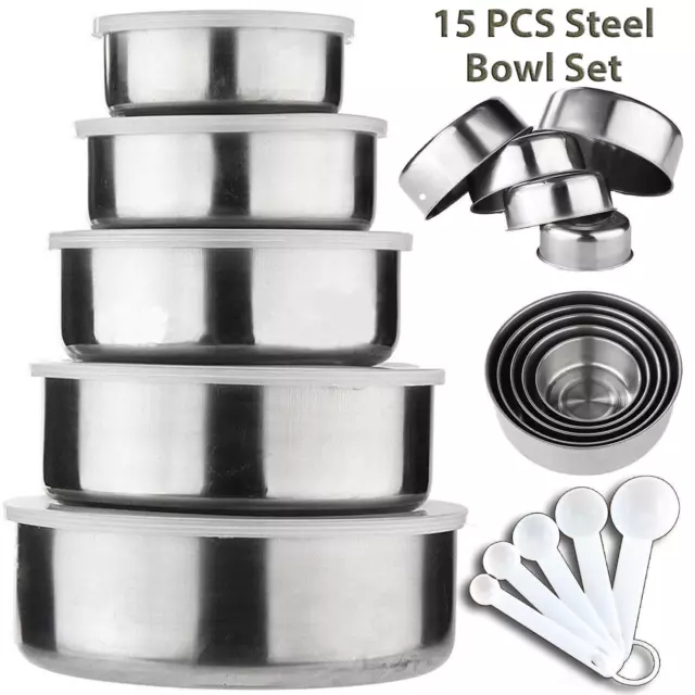 15Pcs Mixing Stainless Steel Bowls Set Deep Salad Bowl Silicone Lid Food Serving