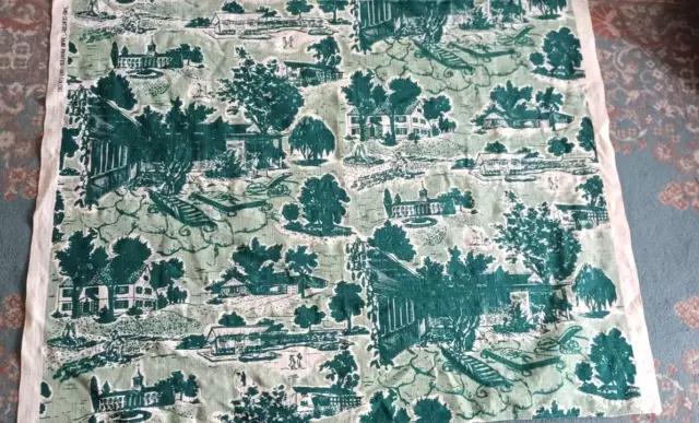 Vintage Barkcloth Fabric Remnant-50's Retro Cityscape Mid Century Town & Country