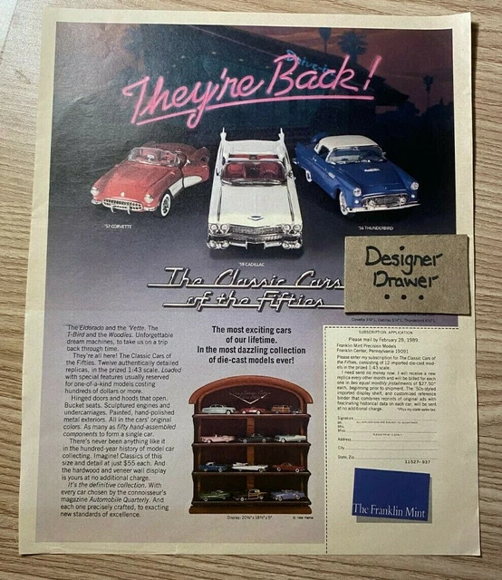FRANKLIN MINT CLASSIC American Cars of Fifties 1989 Vintage Print Ad