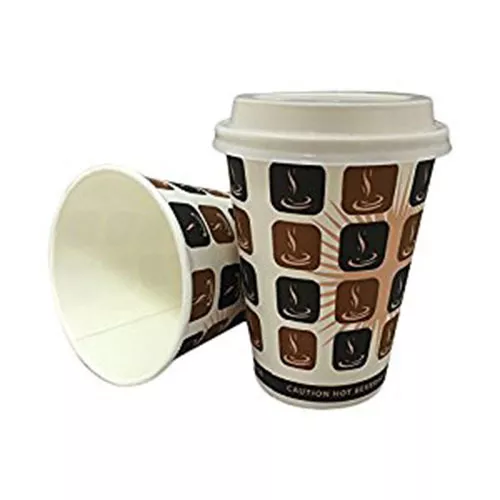 1000 x 10oz Mocha Cafe Coffee Cups Paper Single Wall Disposable + White Lids