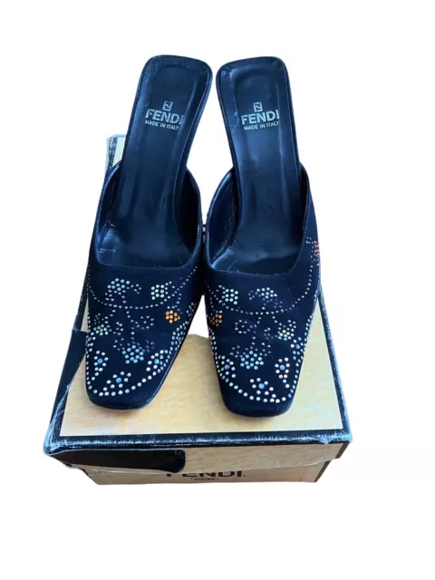 Fendi Crepe De Chine Black Embellished Heels Size 7.5