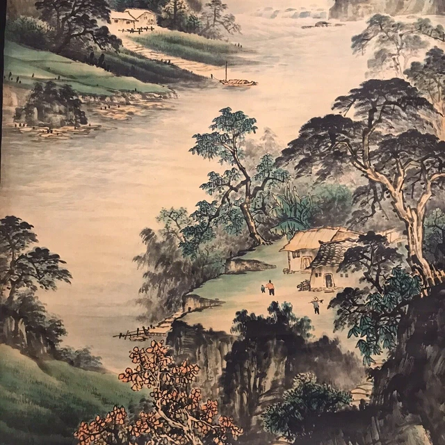 Chinesisches altes hängendes Landschaftsgemälde mit Rollenmontage, signiert
