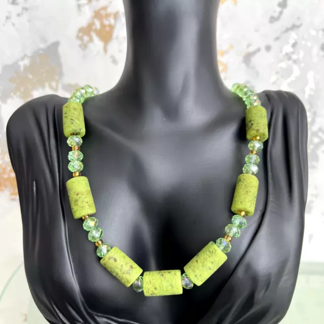 Art Deco Style Green Stone & CZECH CRYSTAL Graduated Bead NECKLACE 47cm