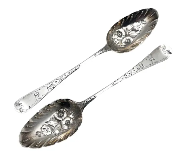 Pair Georgian London 1799 Sterling Silver Berry Serving Spoons 8 1/2” long