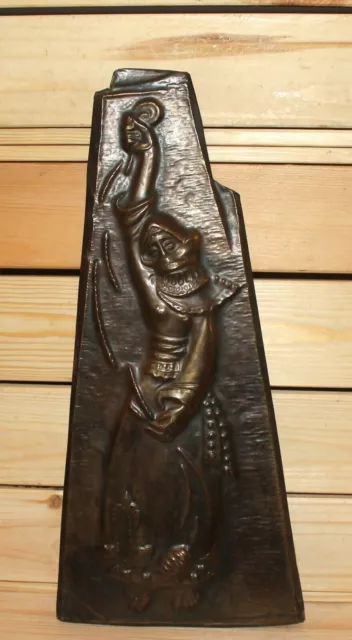 Vintage religious wall hanging brass plaque woman with distaff