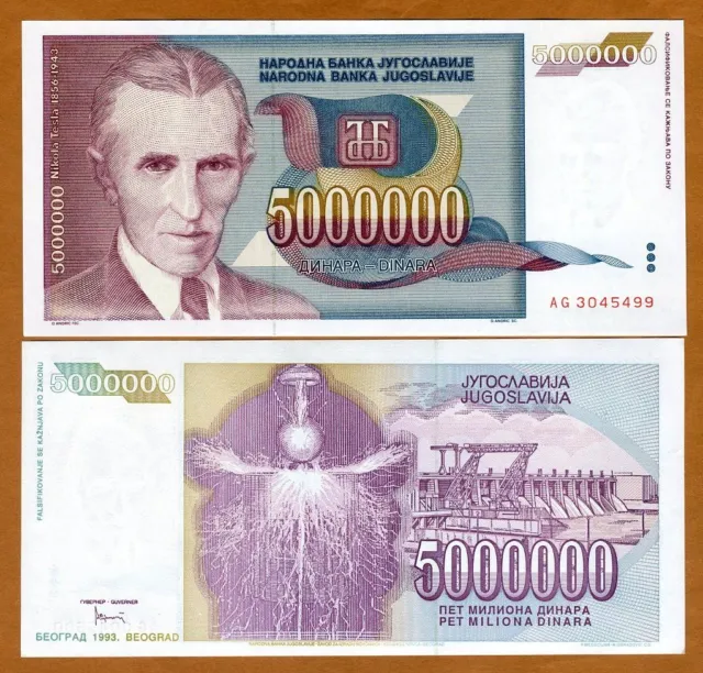 Yugoslavia, 5,000,000 (5000000) Dinara, 1993, P-121, UNC Tesla, Hyperinflation