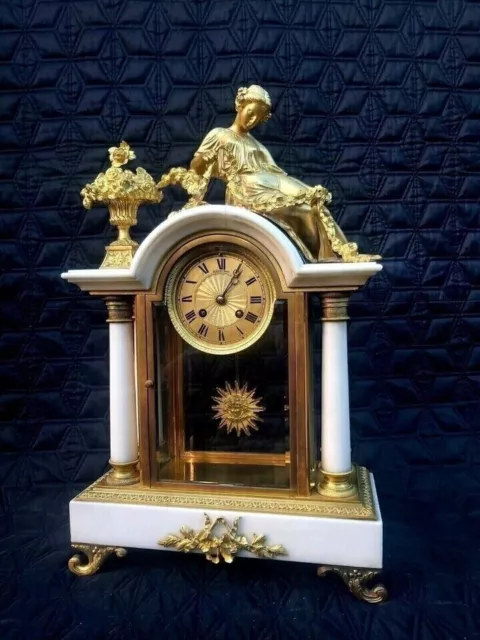 Antique Clock French Marble Large Bronze 19th Century Victorian Signed Rare Fine