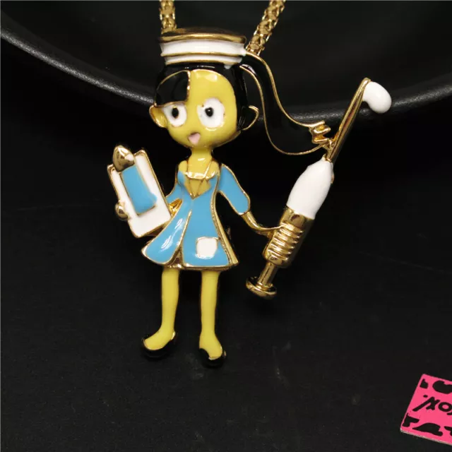 Fashion Women Blue Enamel Cute Nurse Angel Crystal Needle Pendant Necklace