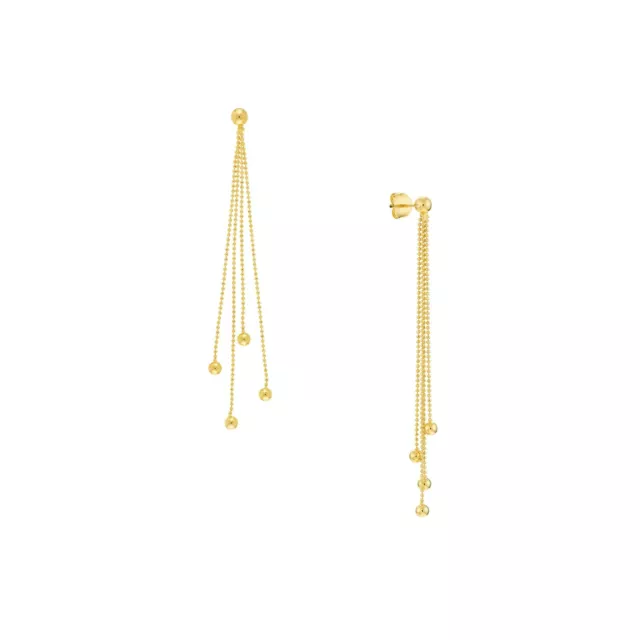 Ball Bead Chain Fringe Earrings Solid 14K Real Gold Long Tassel Dangle Earrings