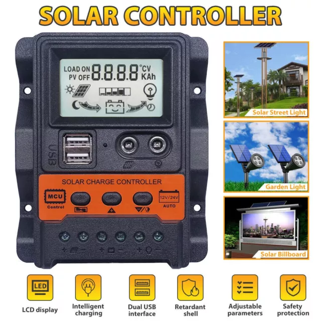 30A Solar Panel Batterie Laderegler 12V/24V LCD Regler Auto Dual USB US