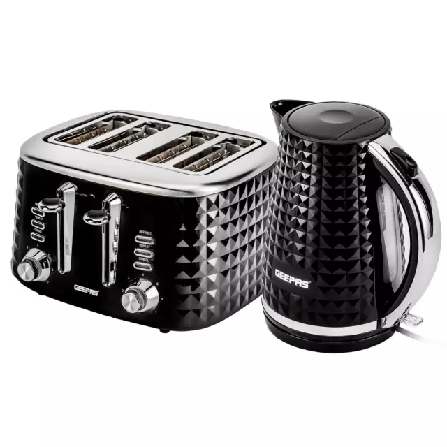 4 Scheiben Brot Toaster & 1,7 l kabelloser Wasserkocher Combo strukturiertes Set schwarz