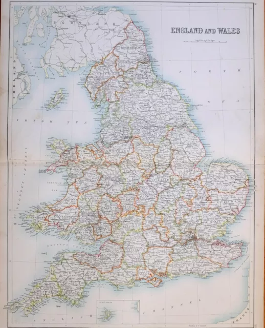 1897 Antique Map England & Wales Sussex Shropshire Lincoln York Monmouth Essex