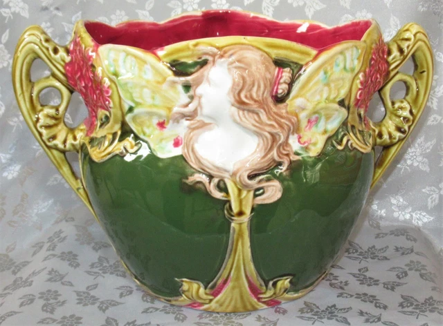 Gorgeous Art Nouveau French Majolica Planter Cache Pot Onnaing Butterfly Lady