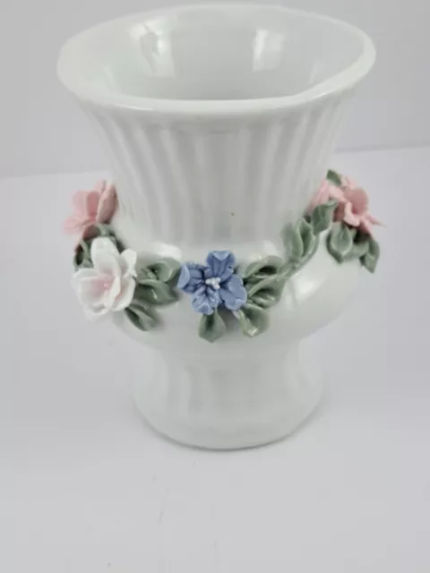 Porcelain Vase, White with Pink & Blue Flowers, Green Leafs