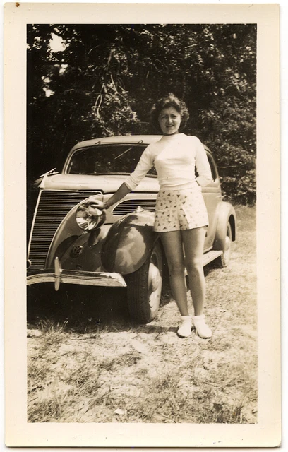 Young woman next car antique La Baule - old year photo. 1939
