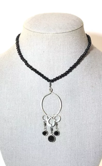 Black Faux Onyx Charm Dangle Pendant Necklace- 15” Choker Black Bead Chain.