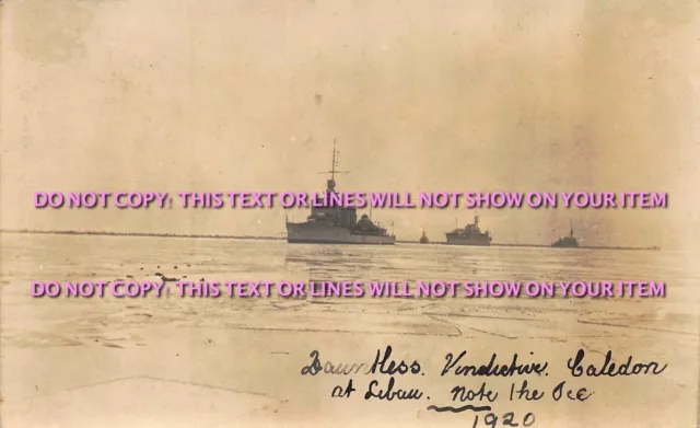 H.M.S Dauntless HMS Vindictive & HMS Caledon In the ice c1920 RP Postcard
