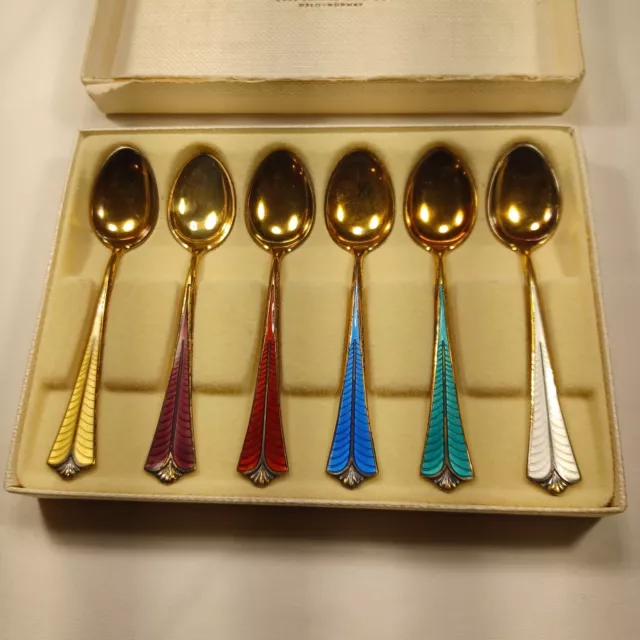 DAVID ANDERSEN Norway Vintage Sterling Enamel Demitasse Spoons set of 6 w/ box