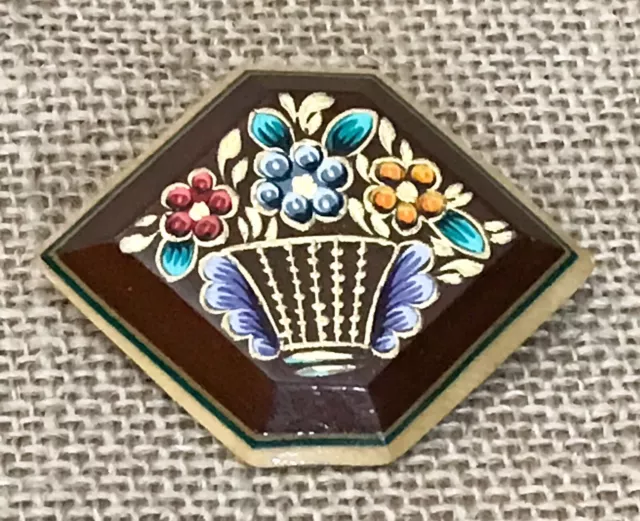 Hand Painted Floral Hexagon Wood Brooch Pin Cottagecore Jewelry