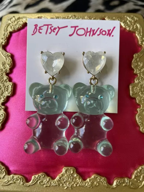 Betsey Johnson HUGE Light Blue Lucite Gummy Bear White Crystal Heart Earrings