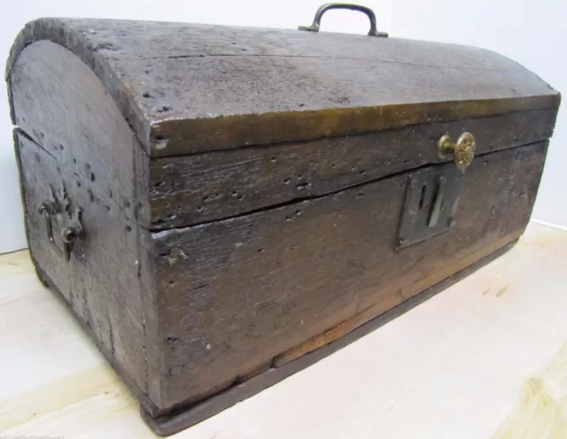 Antique Small Dome Top Trunk Treasure Chest Wooden Document Box old worn patina