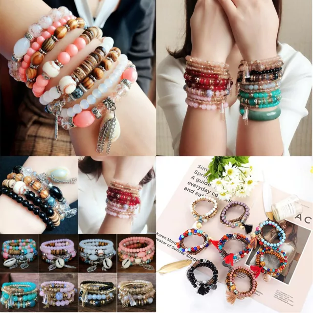 Wholesale lot Bohemian Multilayer Stackable Boho Wood Beads Bracelets for Women