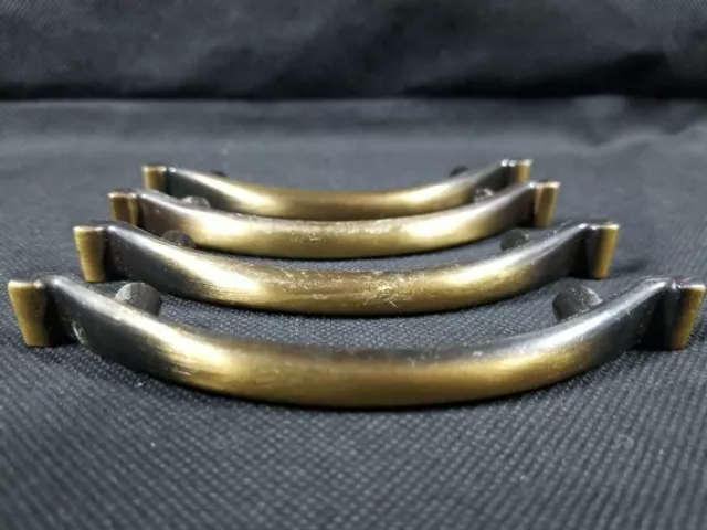 . 4x Set Solid Brass Draw Pulls Handles 4.5" x 1" Oil Finish Patina Vtg Salvage 2