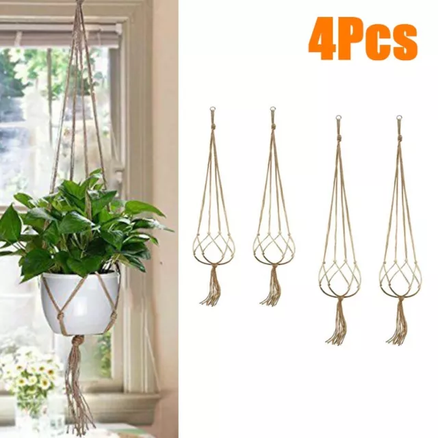 4 X Macrame Plant Hanger Flower Pot Holder Hanging Jute Rope 2 Large + 2 Small