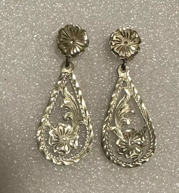 Mexico Sterling Silver Dangle Cut Out Floral Earrings