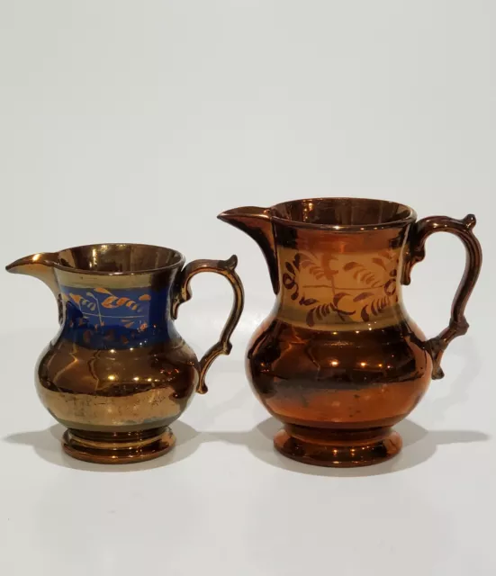 2 Antique 19th Century Copper Lusterware Pitchers Jugs - One Allertons Longton