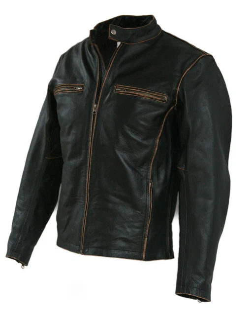 Mens Biker Motorcycle Slim Fit Black Real Cowhide Leather Jacket