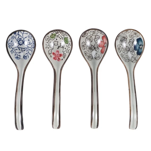 4 Pezzi Cucchiai di Riso Ceramica Asiatica Retro Cinese Manico Curvo Zuppa di Ramen5899