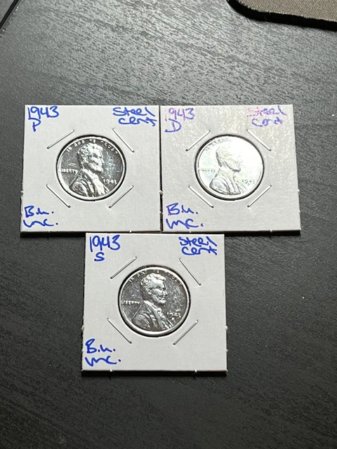 1943 P-D-S STEEL CENT WHEAT PENNIES BU UNCIRCULATED SET 3 COINS (Raw7103)