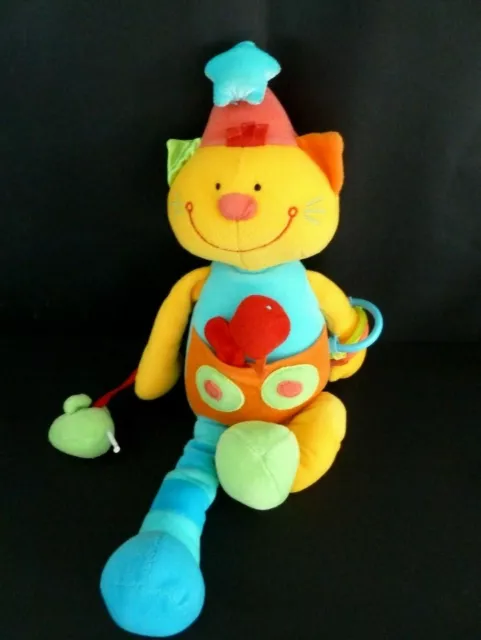 S1 - DOUDOU PELUCHE MUSICAL BAWI CHAT BLEU JAUNE VERT 40cm - EXCELLENT ETAT