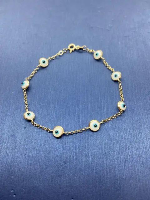 Genuine 14K Gold 5MM White Evil Eye Charm Rolo Chain Bracelet - 7” Inch