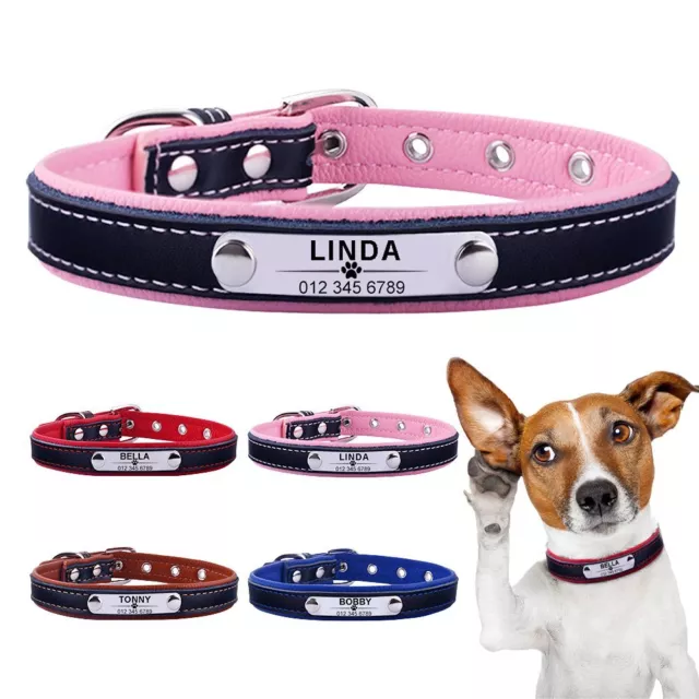 Leather Custom Engraved Personalised Dog Collar Pet Cat Name ID Tag Puppy Kitten