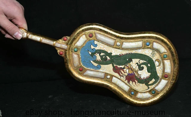 14.4" Antique chinese copper gold Inlay Hetian Jade Painted fan shanzi sculpture