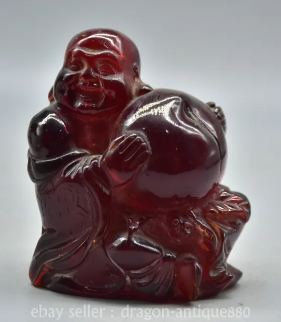 4.2" Ancient Chinese Red Amber Carved Happy Laugh Maitreya Buddha Peach Statue