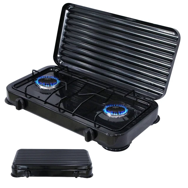 B Ware / Gaskocher 2 flammig mit Deckel Camping Kochfeld Metall 7