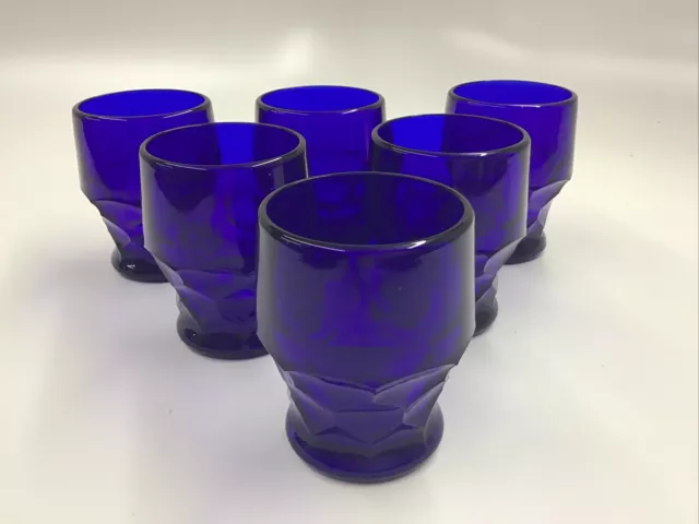 6 Antique/Vintage Cobalt Blue Georgian Pattern Tumbler Glasses 3.25” Tall