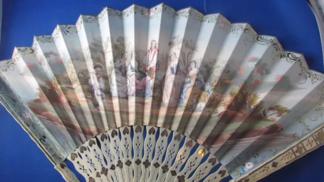 ancien grand eventail fan abanico ventaglio papier peint decor cene galante XIXe
