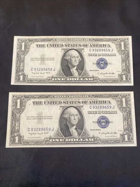 Consecutive 1935 One Dollar Blue Seal Note Silver Certificate Bill $1 Sequential