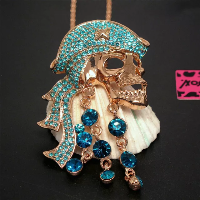 New Blue Rhinestone Pirate Skull Crystal Pendant Betsey Johnson Chain Necklace