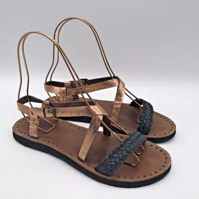 UGG Jordyne Rose Sandal Gold Metallic Leather Black Braided Straps Women’s 8